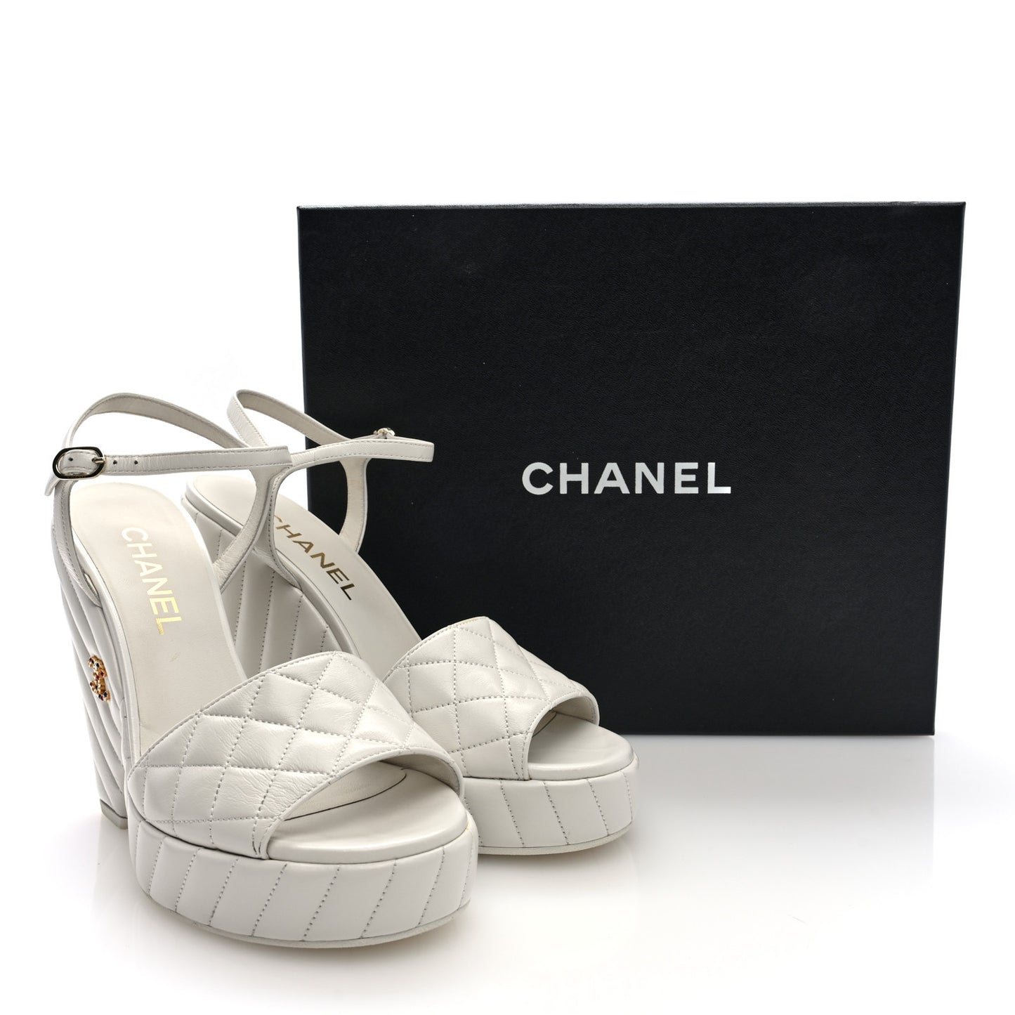 Shiny Lambskin Quilted Platform Sandals 39.5 White