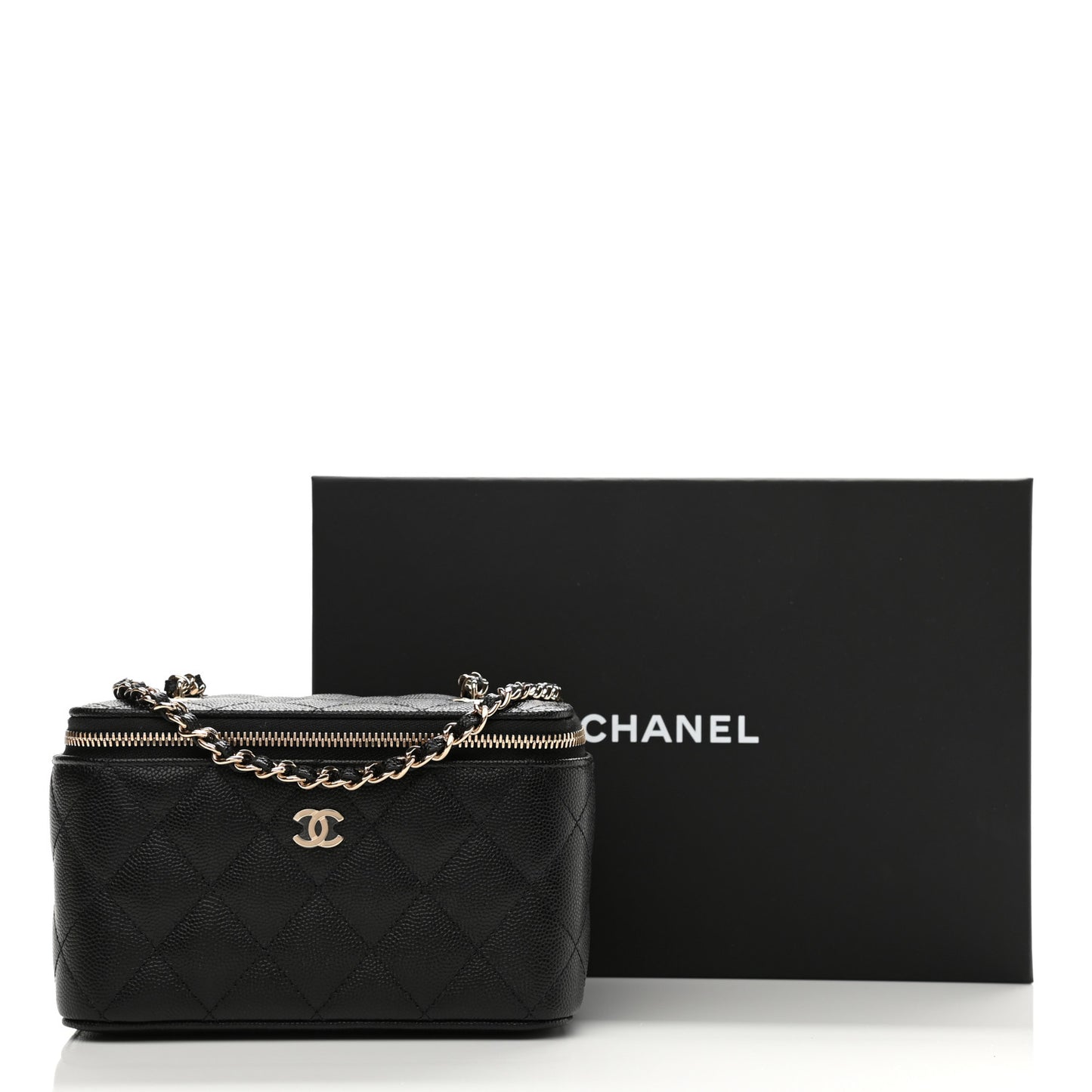 Caviar Quilted Small Vanity Case With Chain Black