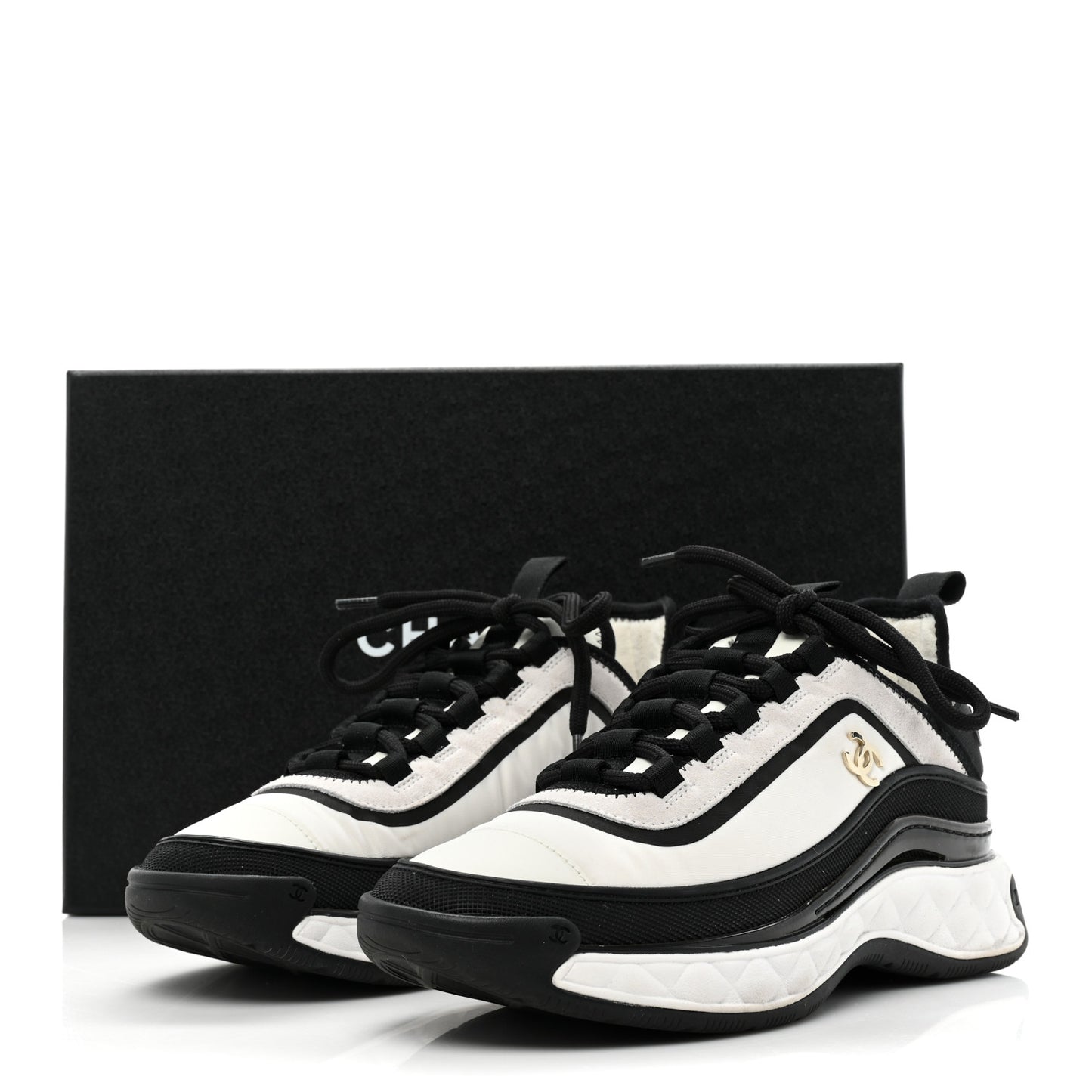 Suede Calfskin Mixed Fibers CC Sneakers 36.5 White Black
