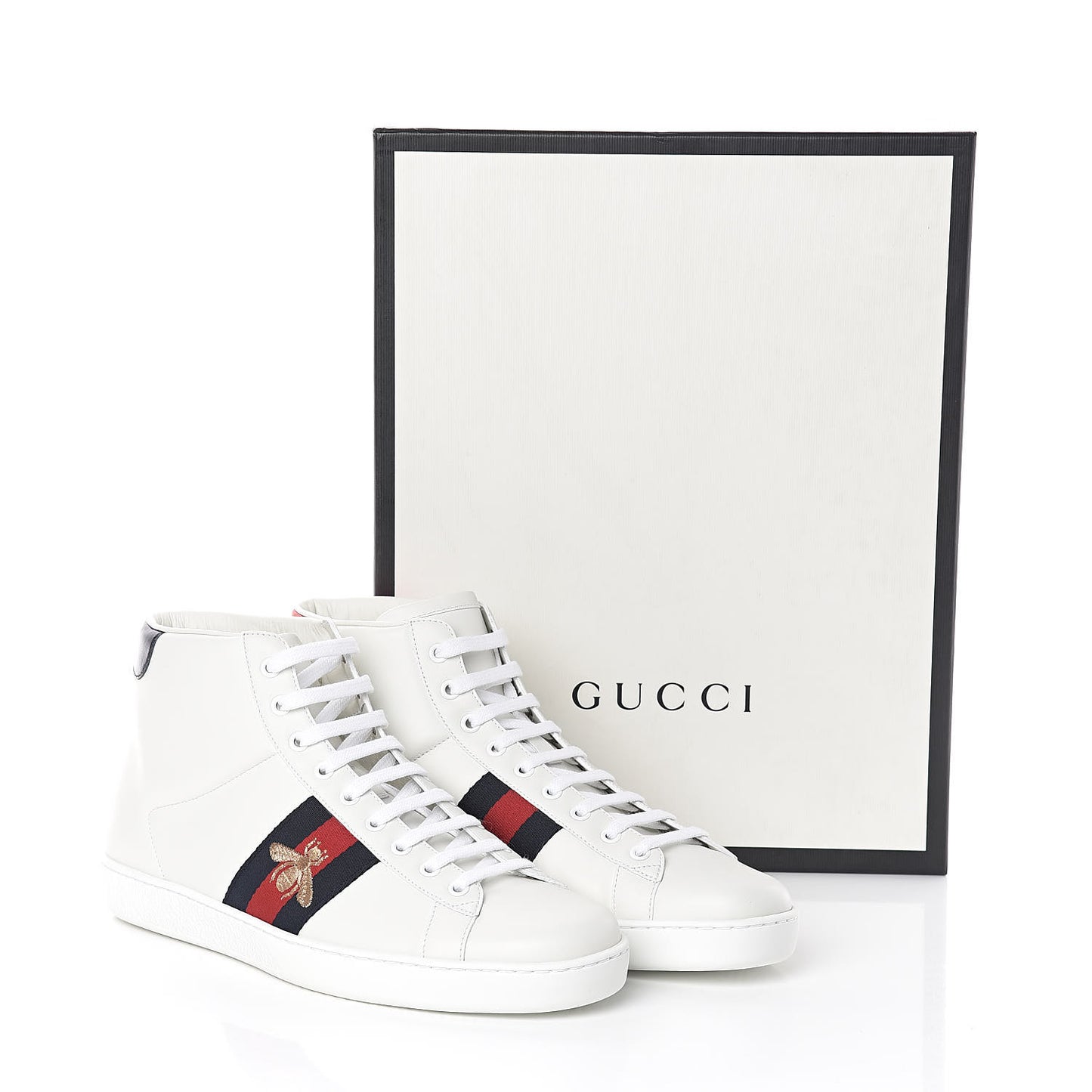 Calfskin Miro Soft Web Bee Embroidered Mens Ace High Top Sneakers 9 White