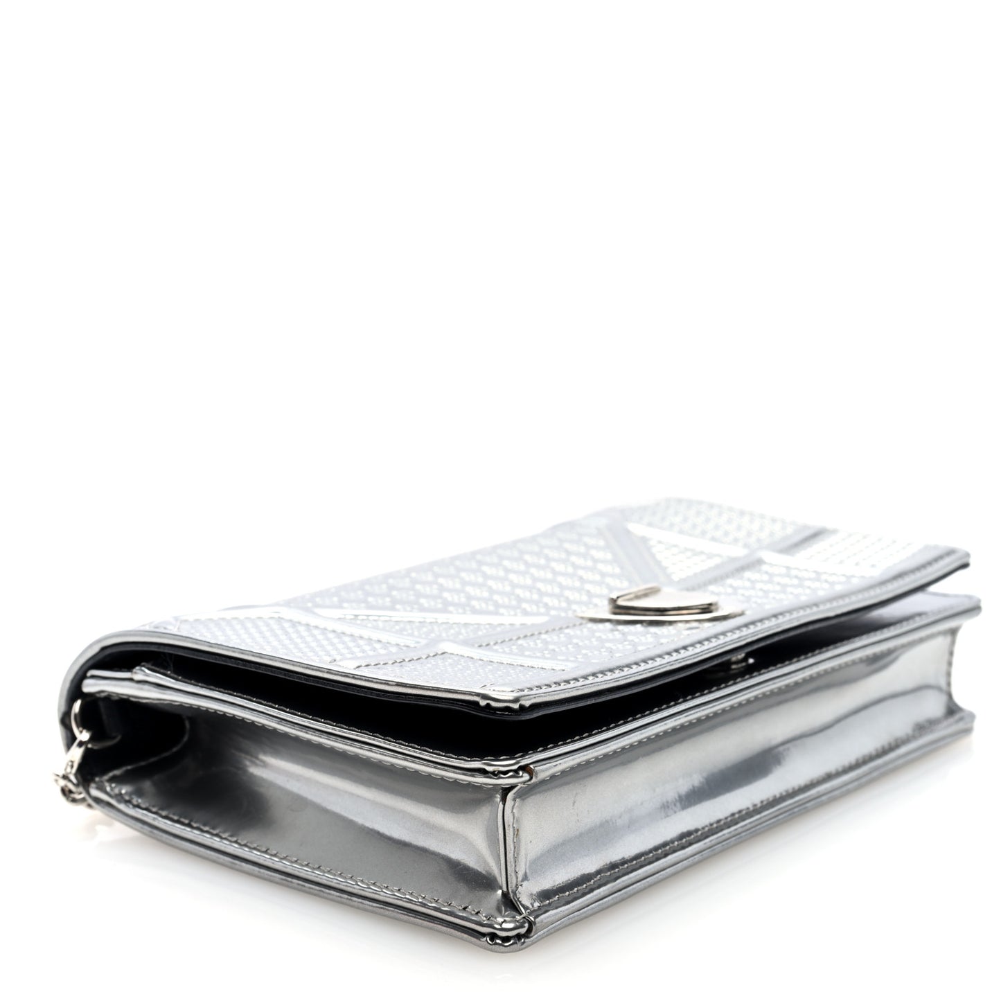 Metallic Patent Micro-Cannage Diorama Wallet on Chain Pouch Silver