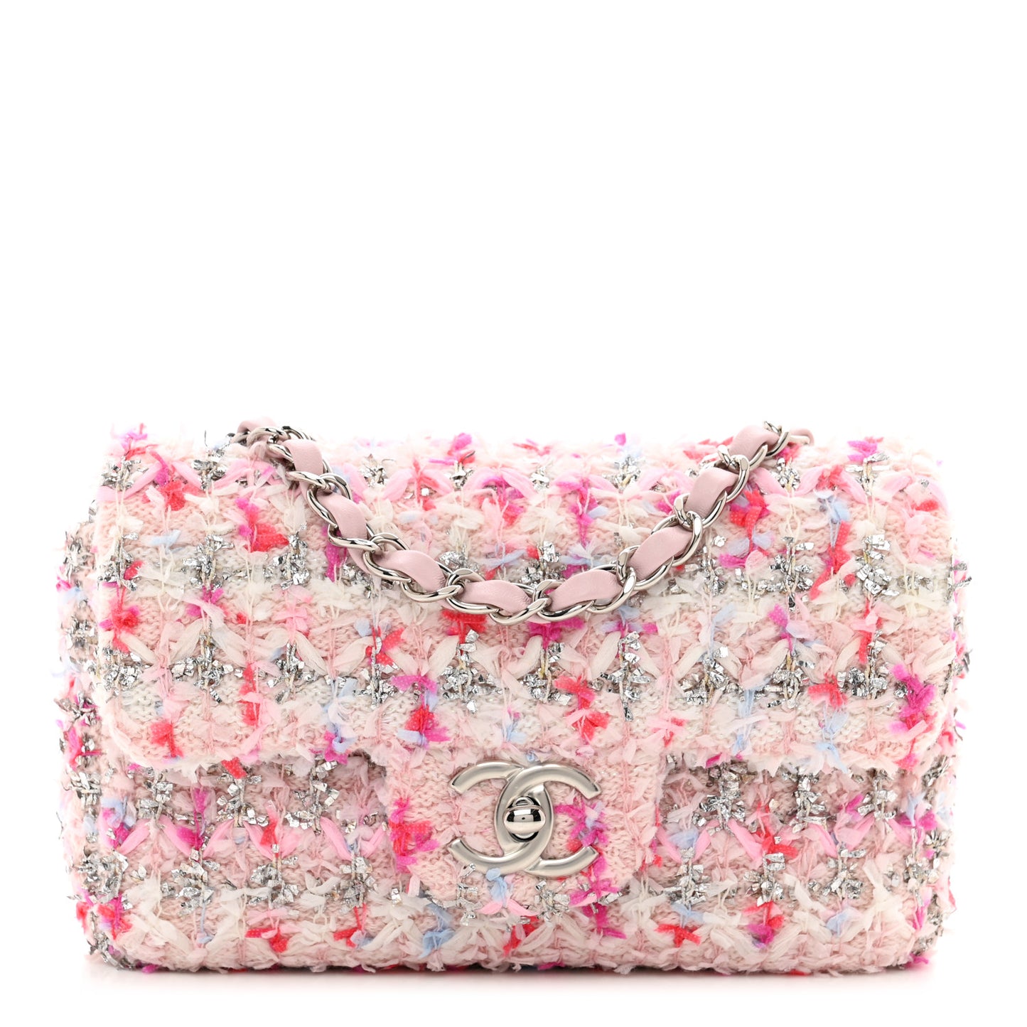Tweed Quilted Mini Rectangular Flap Light Pink Silver Blue