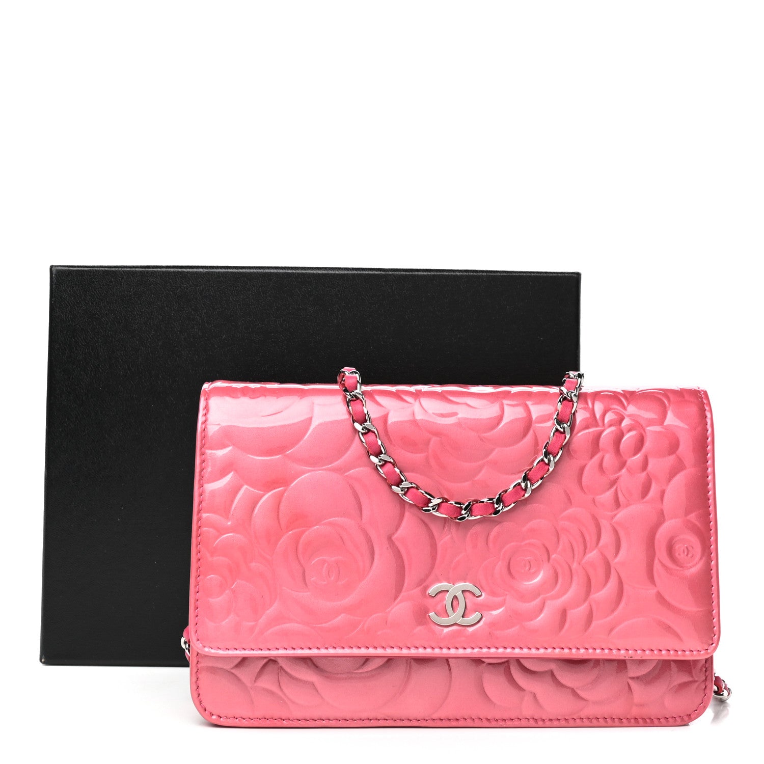 Chanel Patent Camellia Embossed Wallet on Chain WOC Rose 11 of 11