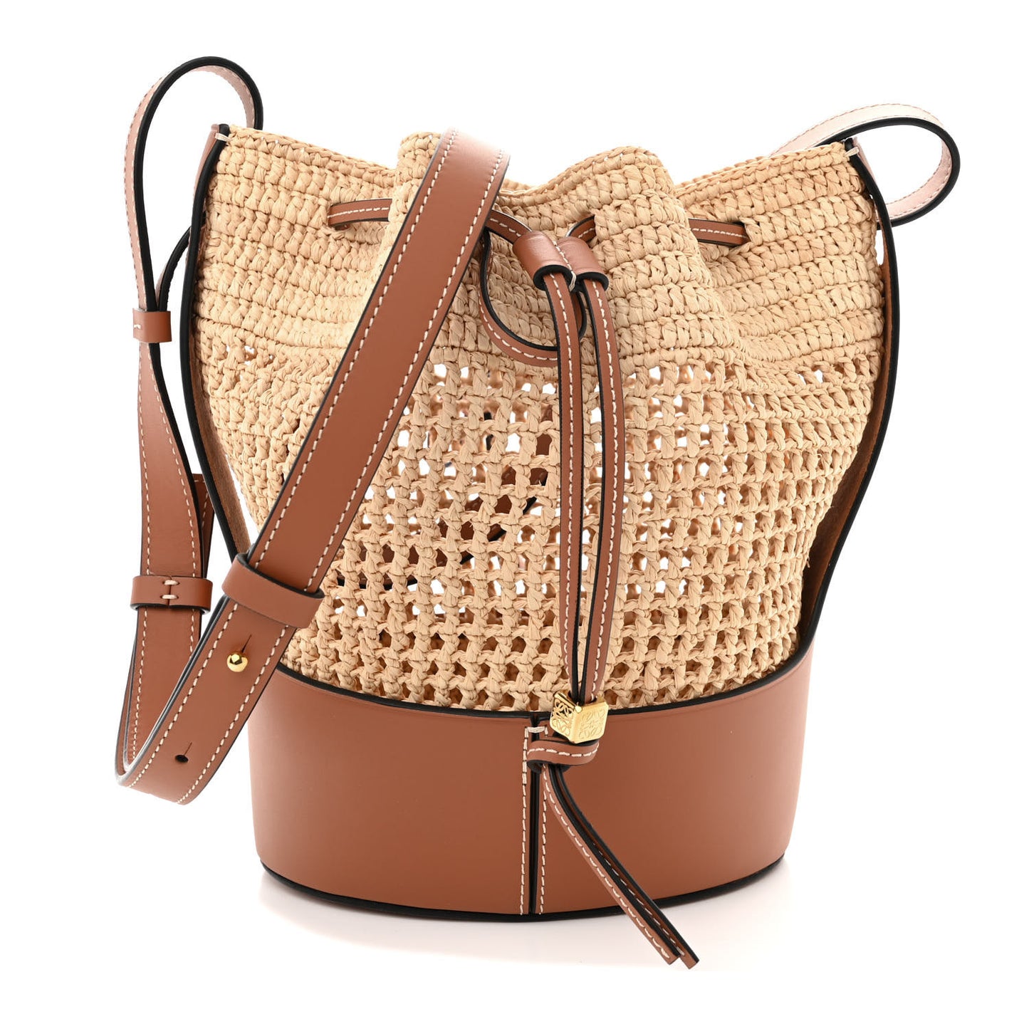 Raffia Calfskin Balloon Bucket Bag Natural Tan