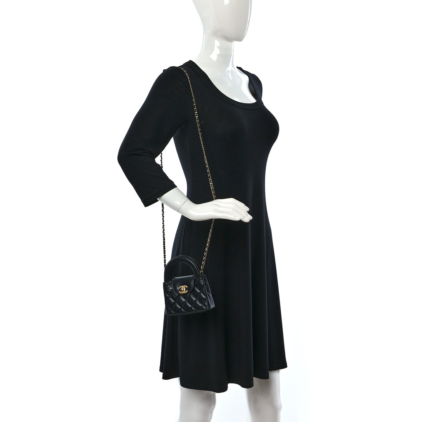 Shiny Aged Calfskin Quilted Mini Nano Kelly Shopper Black