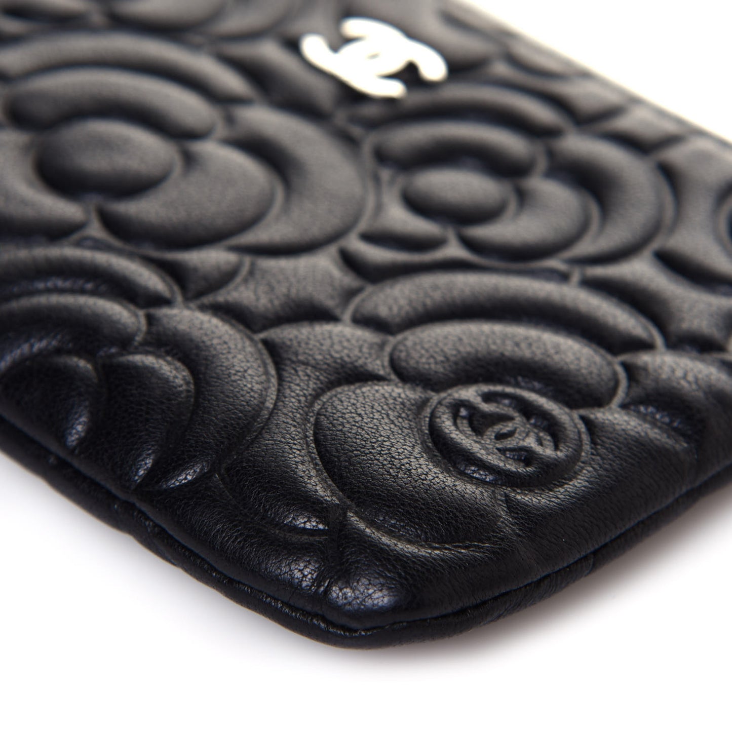 Goatskin Camellia Embossed Cosmetic Pouch Black