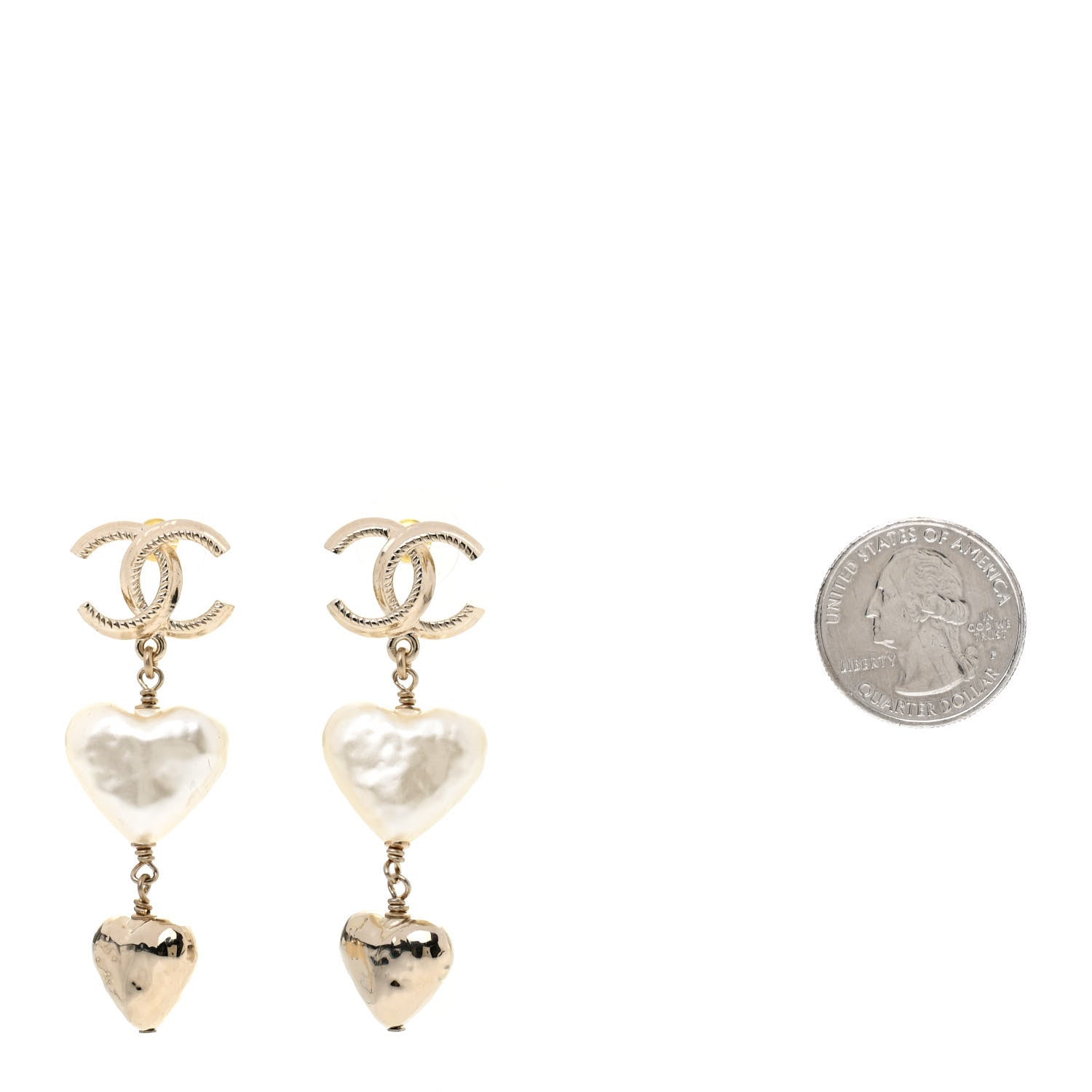 Chanel Pearl CC Double Heart Drop Earrings Gold 2 of 4