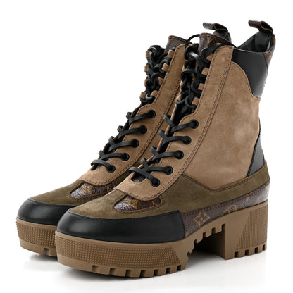 Louis Vuitton Suede Calfskin Monogram Laureate Platform Desert Boots 37.5 Taupe 3 of 8