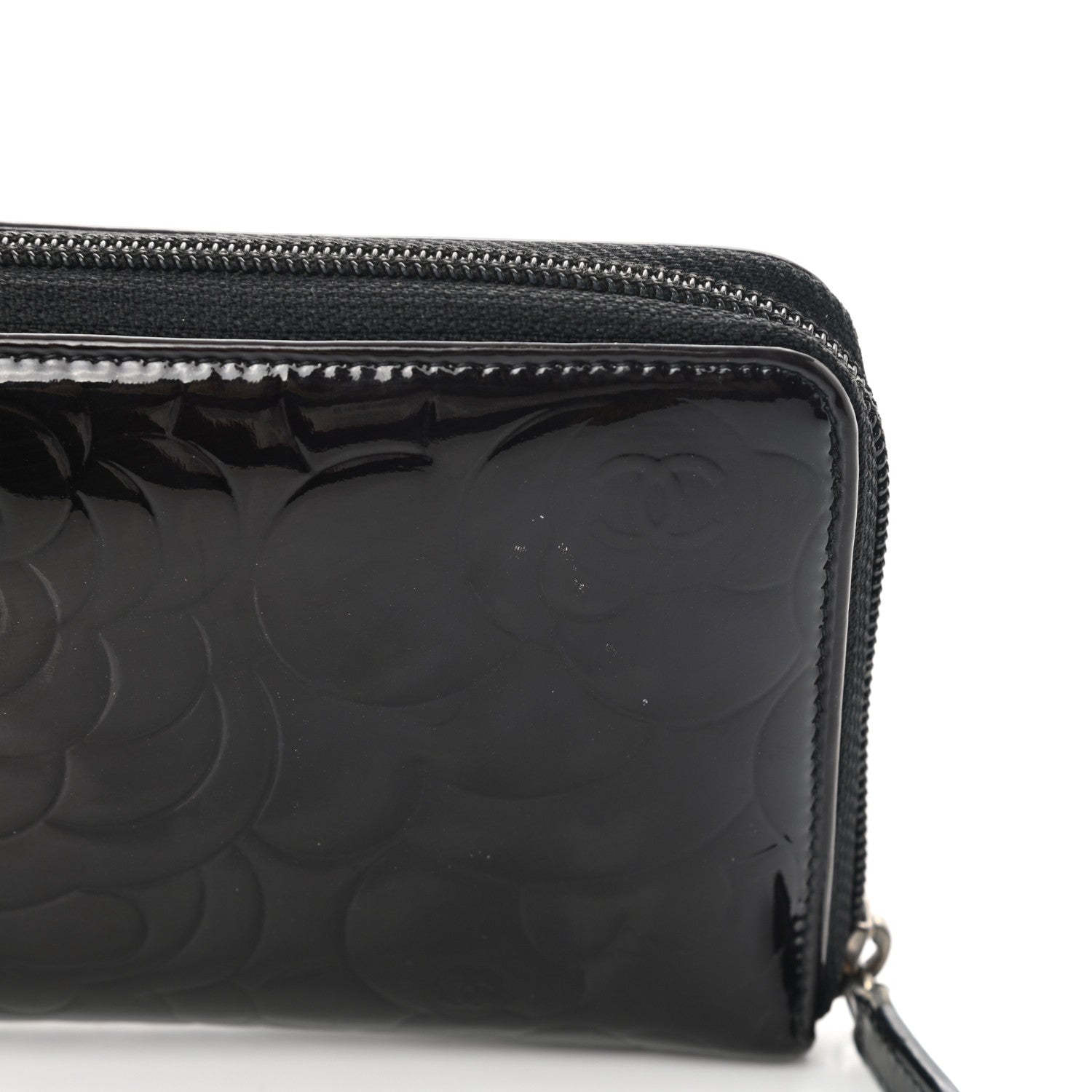 Chanel Patent Camellia Embossed Large Zip Around Gusset Wallet Black 11 of 12