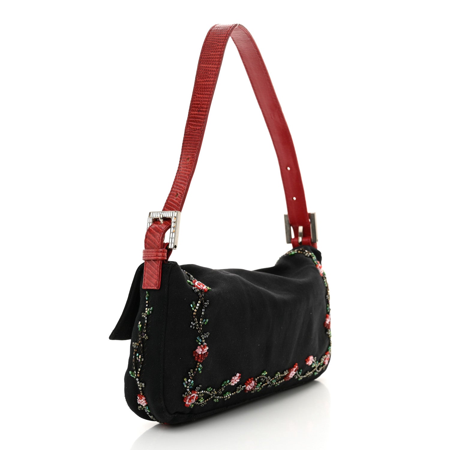 Fendi Neoprene Lizard Beaded Crystal Baguette Black Red 3 of 17