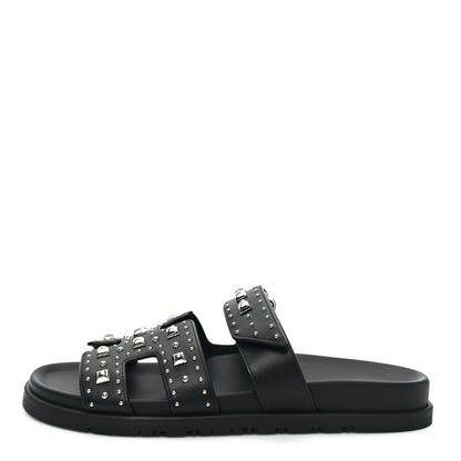 Hermes Calfskin Medor Studded Womens Chypre Sandals 39.5 Black 1 of 8