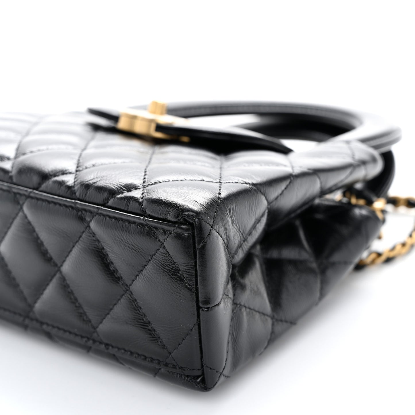 Shiny Aged Calfskin Quilted Nano Kelly Shopper Black