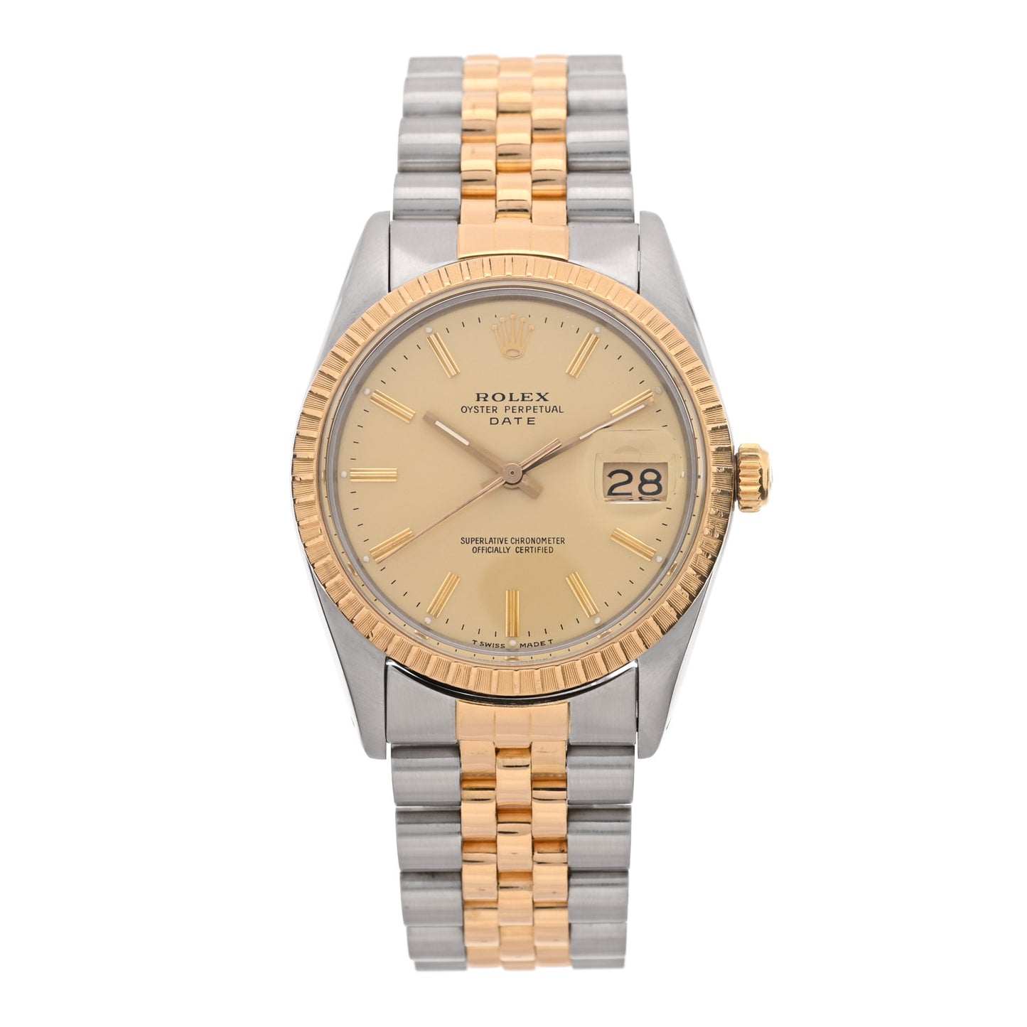 Stainless Steel 18K Yellow Gold 34mm Oyster Perpetual Date Watch Champagne 15053