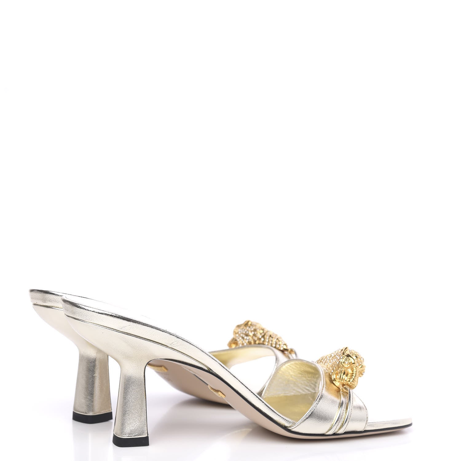 Gucci Metallic Nappa Dora Tiger Head Mid Heel Slide Sandals 38 Gold 4 of 9