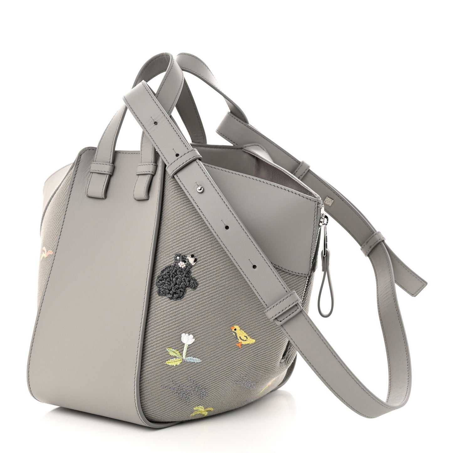 X SUNA FUJITA Satin Calfskin Canvas Embroidered Hammock Shoulder Bag Grey