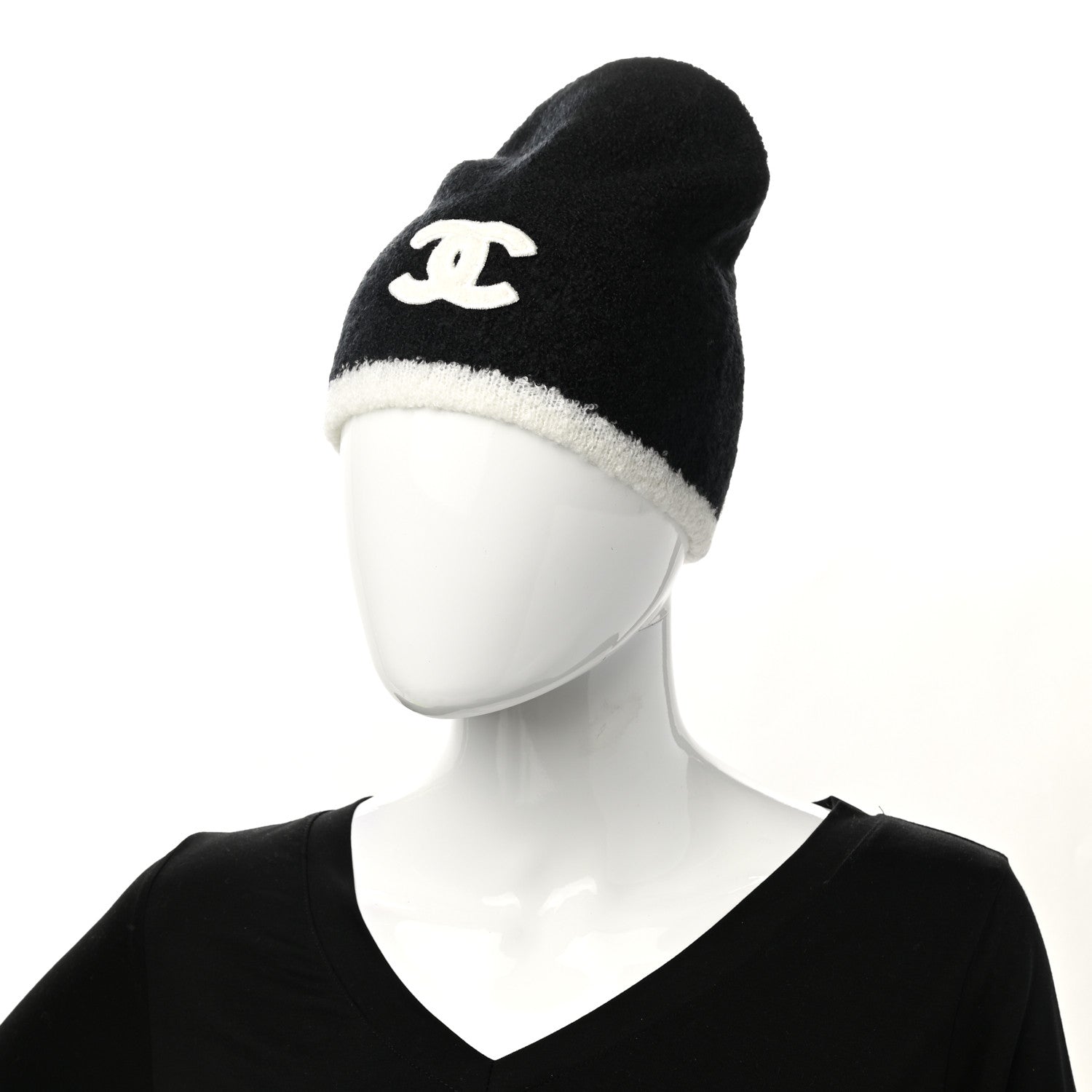 Chanel Cashmere Silk CC Beanie Hat Black White 2 of 5