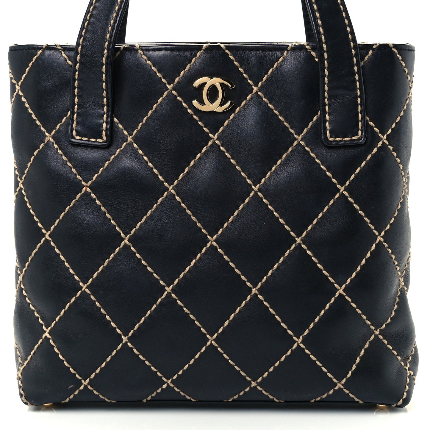 Calfskin Contrast Stitch Surpique Tote Black