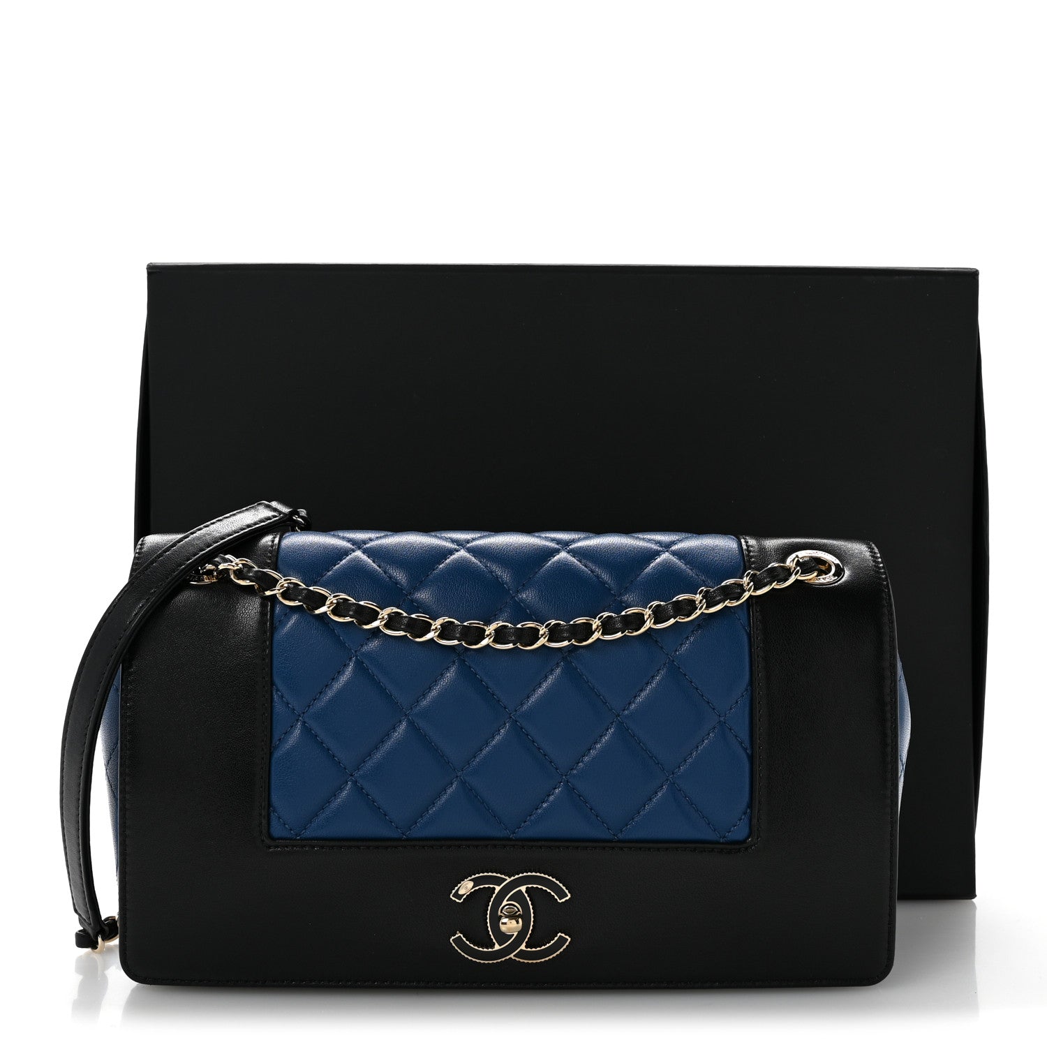 Chanel Sheepskin Quilted Vintage Mademoiselle Flap Blue Black