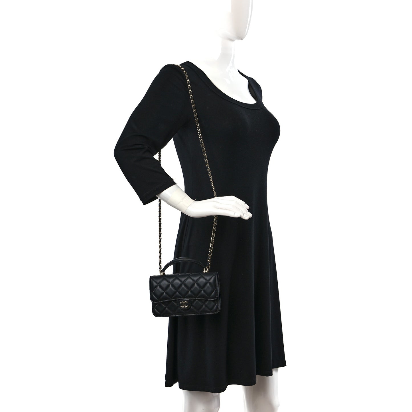 Lambskin Quilted Flap Phone Holder With Chain Black