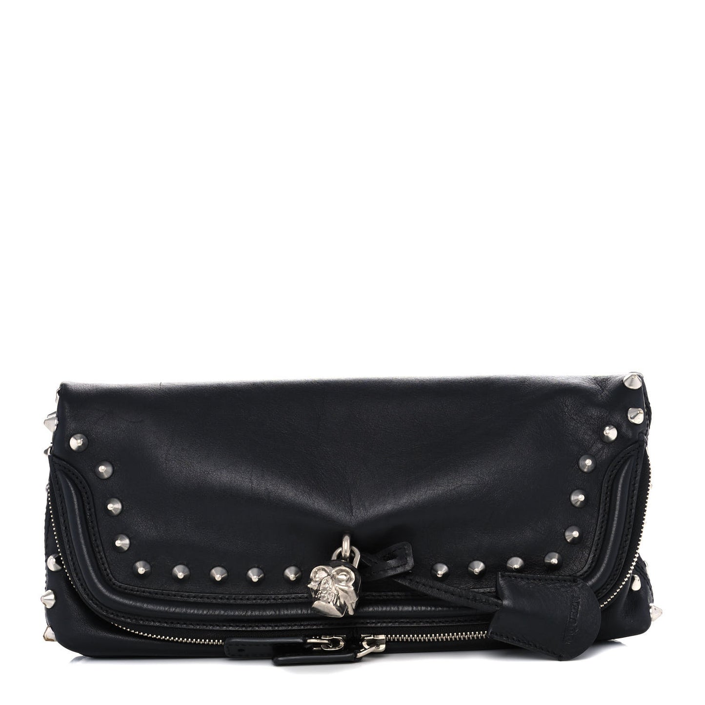Grainy Calfskin Studded Padlock Skull Clutch Black