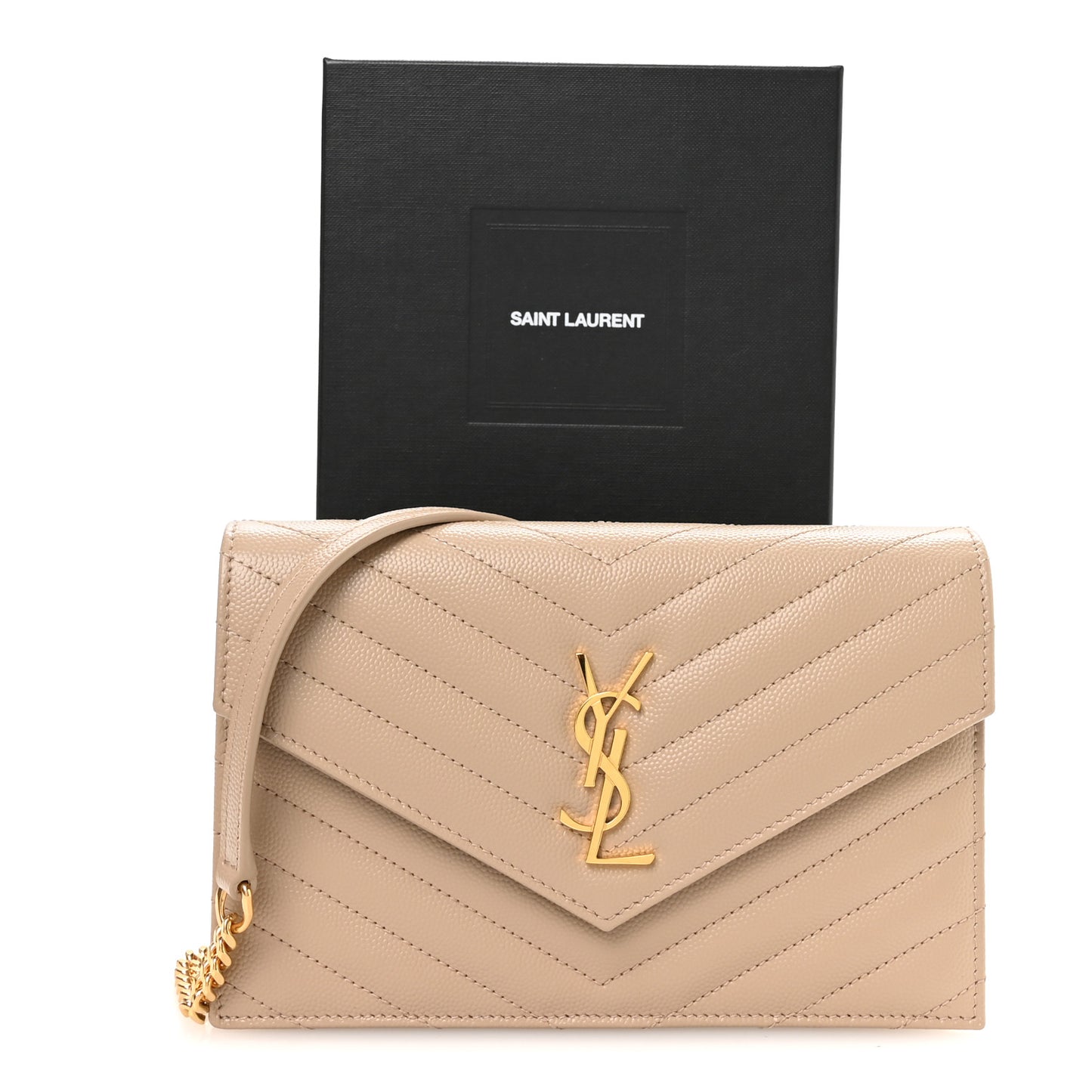Grain De Poudre Matelasse Chevron Monogram Envelope Chain Wallet Dark Beige
