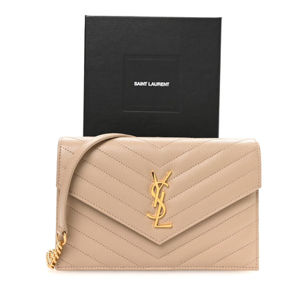 Saint Laurent Grain De Poudre Matelasse Chevron Monogram Envelope Chain Wallet Dark Beige 11 of 11