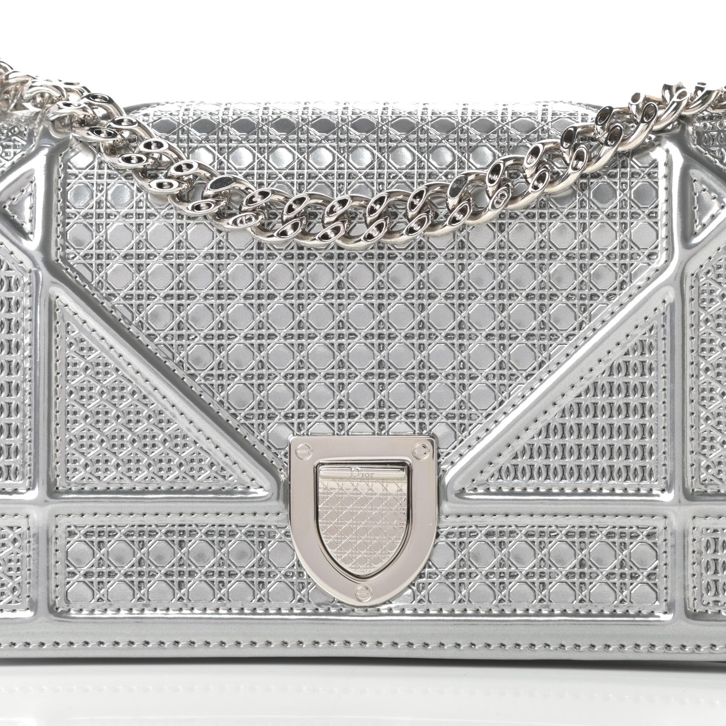 Metallic Patent Micro-Cannage Mini Diorama Flap Bag Silver