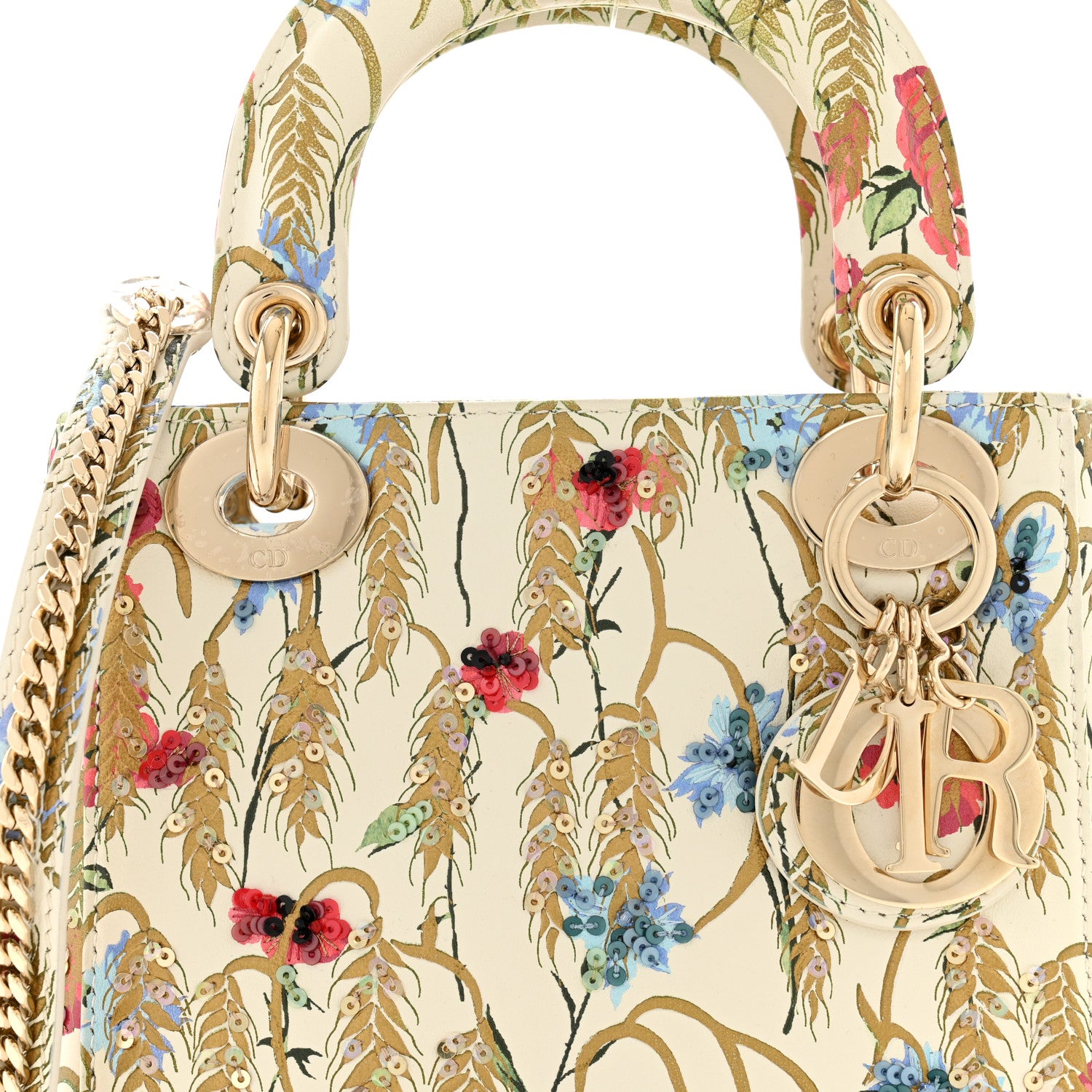 Christian Dior Calfskin Hibiscus Printed Embroidered Mini Lady Dior Beige Multicolor 8 of 11