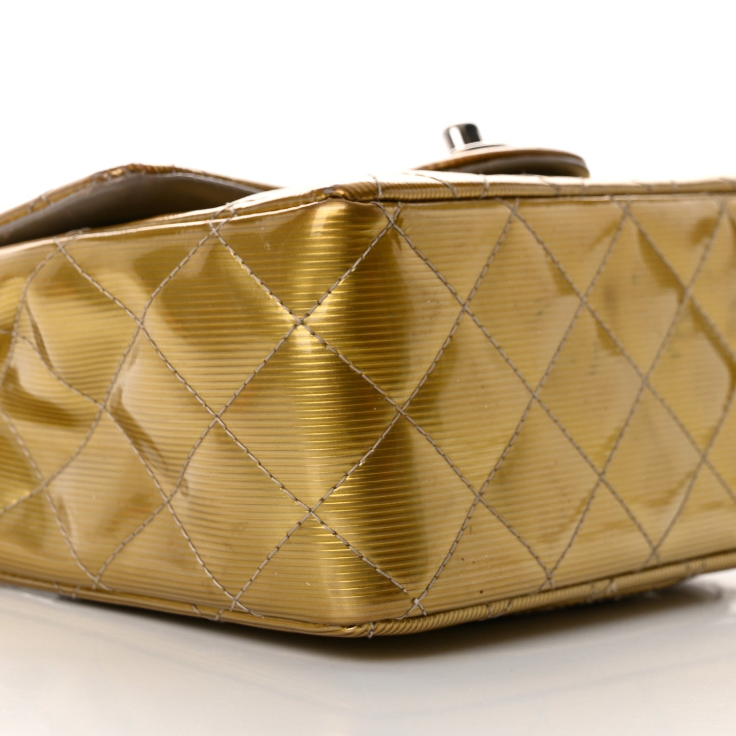 Striated Patent Quilted Mini Square Flap Beige