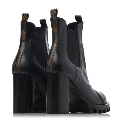 Louis Vuitton Calfskin Monogram Uniformes Chelsea Lug Sole 80mm Ankle Boots 37.5 Black 3 of 4