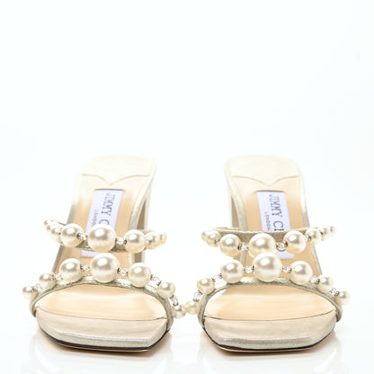 Jimmy Choo Shimmer Suede Pearl Embellished Amara 85 Mule Sandals 35 Champagne 2 of 8