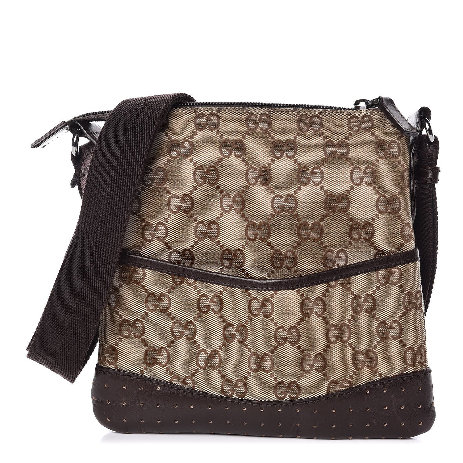 Gucci Monogram Calfskin Perforated Small Flat Messenger Bag Dark Brown 1 of 10