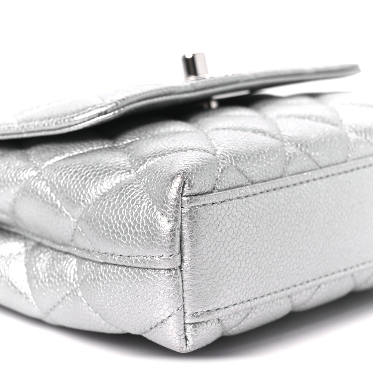 Metallic Caviar Quilted Coco Handle Clutch With Chain Silver