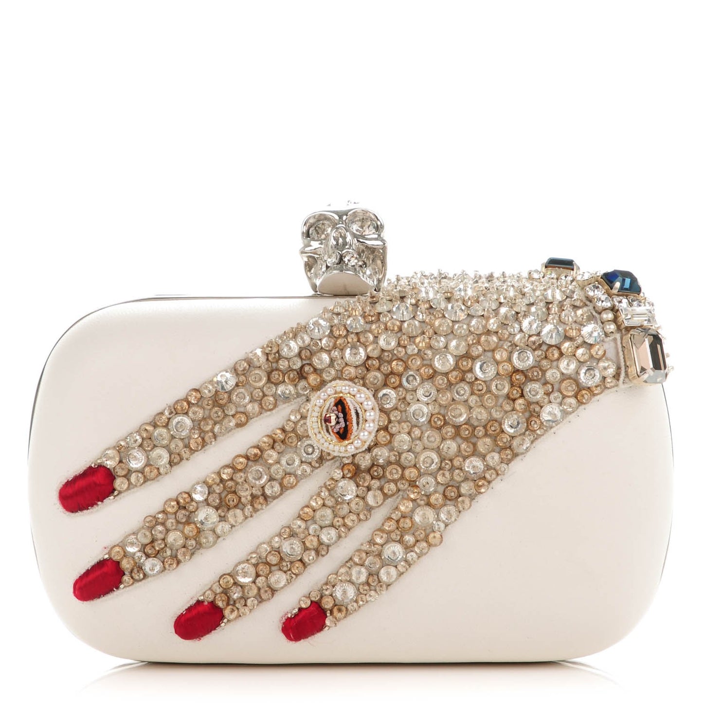 Nappa Silk Hand Appliqued Skull Box Clutch Ivory