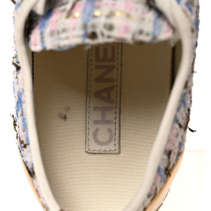 Chanel Tweed Laminated Lambskin Lace Up Espadrilles 39 Pink Blue Gold White 10 of 11