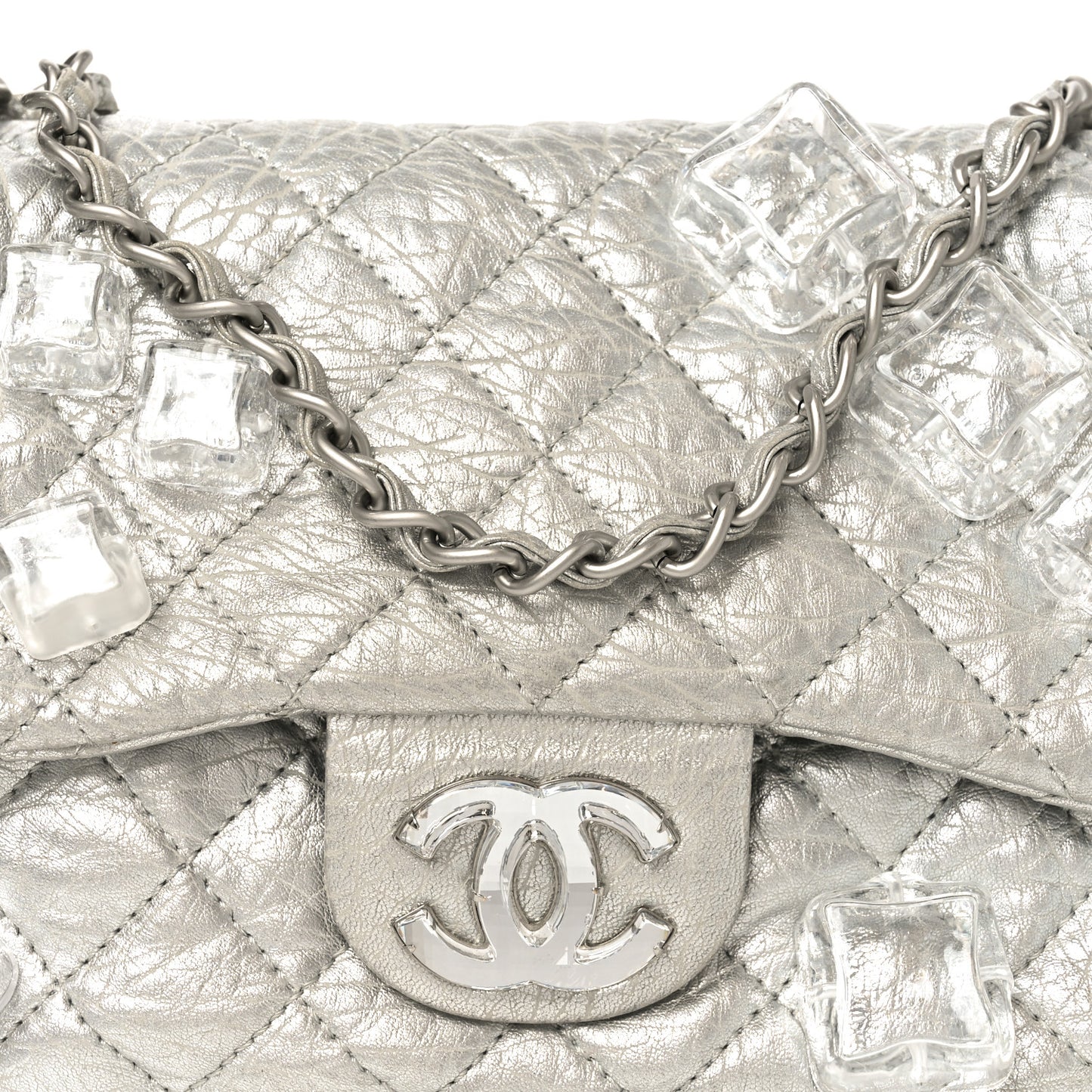 Calfskin Ice Cube On the Rocks Medium Flap Silver