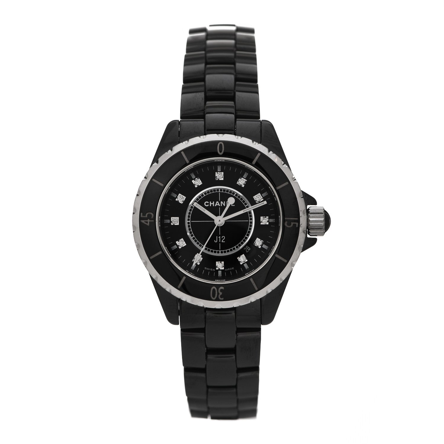 Chanel Stainless Steel Ceramic Diamond 33mm J12 Quartz Watch Black 1 of 5