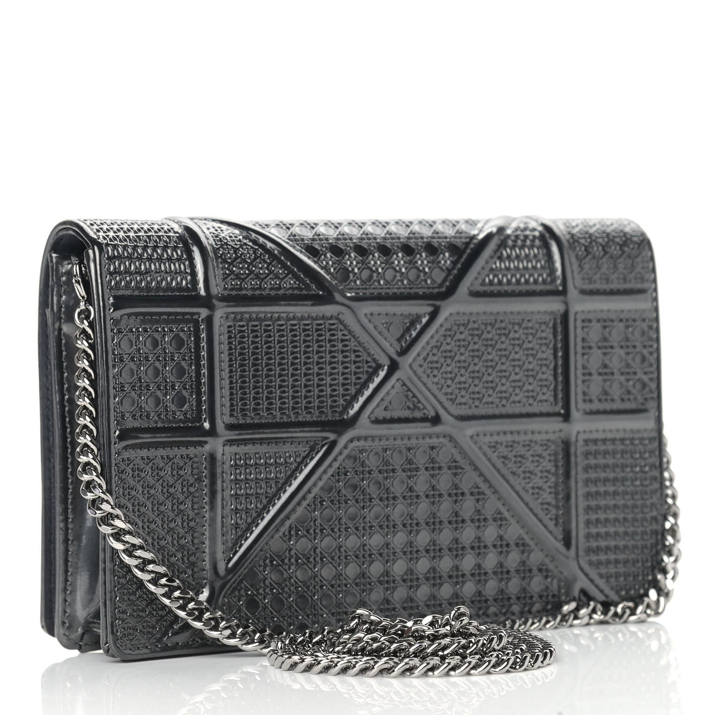 Metallic Patent Micro-Cannage Diorama Wallet on Chain Pouch Onyx Black