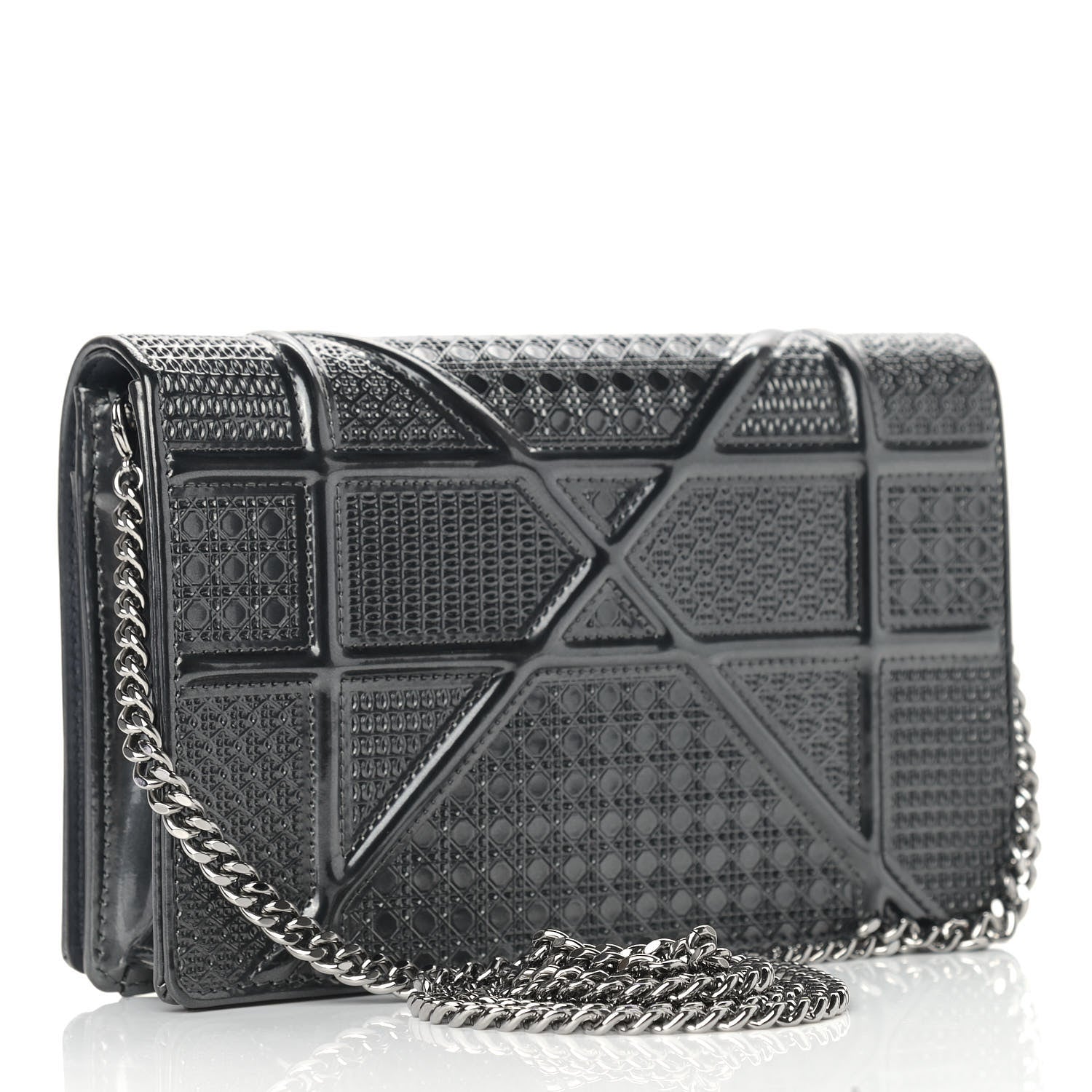 Christian Dior Metallic Patent Micro-Cannage Diorama Wallet on Chain Pouch Onyx Black 3 of 11
