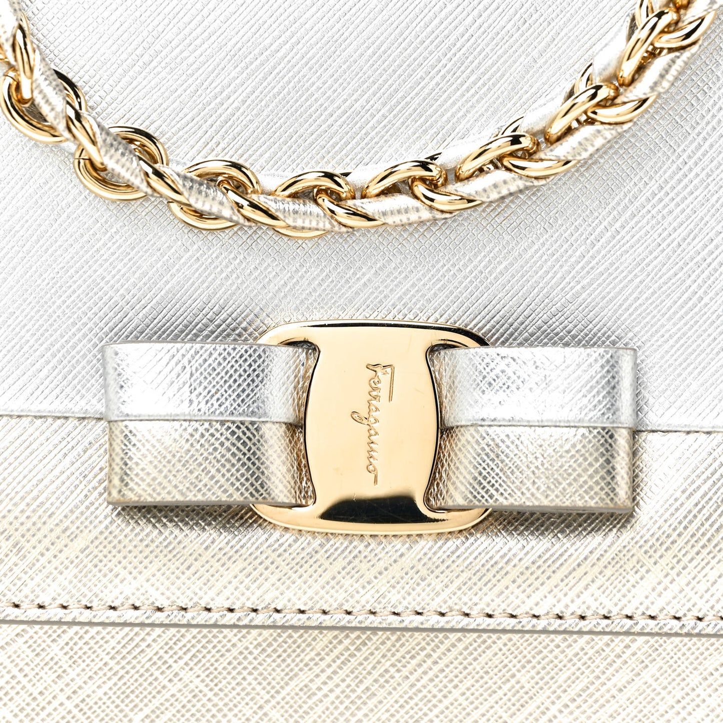 Metallic Hammered Calfskin Vara Bow Chain Flap Crossbody Silver Gold