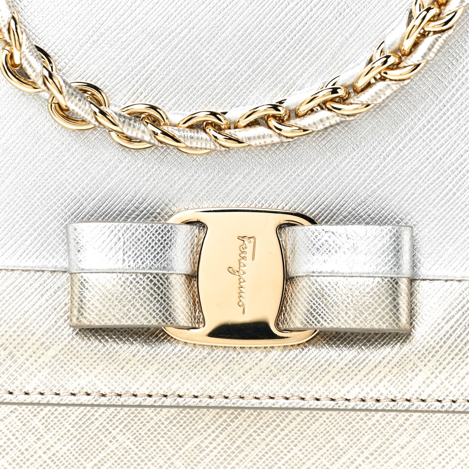 Salvatore Ferragamo Metallic Hammered Calfskin Vara Bow Chain Flap Crossbody Silver Gold 14 of 23