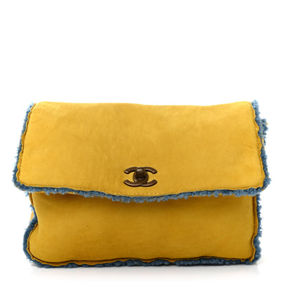 Chanel Suede Shearling Flap Clutch Yellow Blue 1 of 4