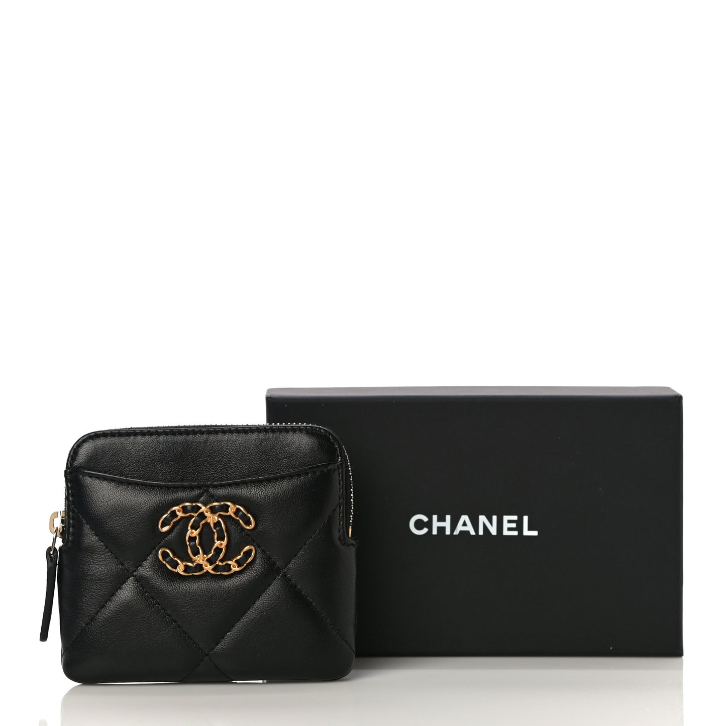 Lambskin Quilted Chanel 19 Zip Card Holder Wallet Black