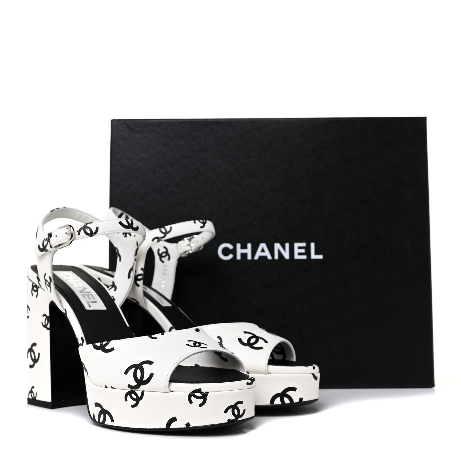 Chanel Printed Lambskin Coco Beach Platform Sandals 38 White Black 8 of 8