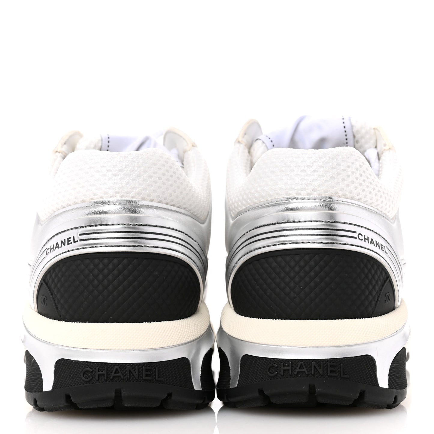 Fabric Laminated Calfskin Stretch CC Womens Sneakers 37 White Silver
