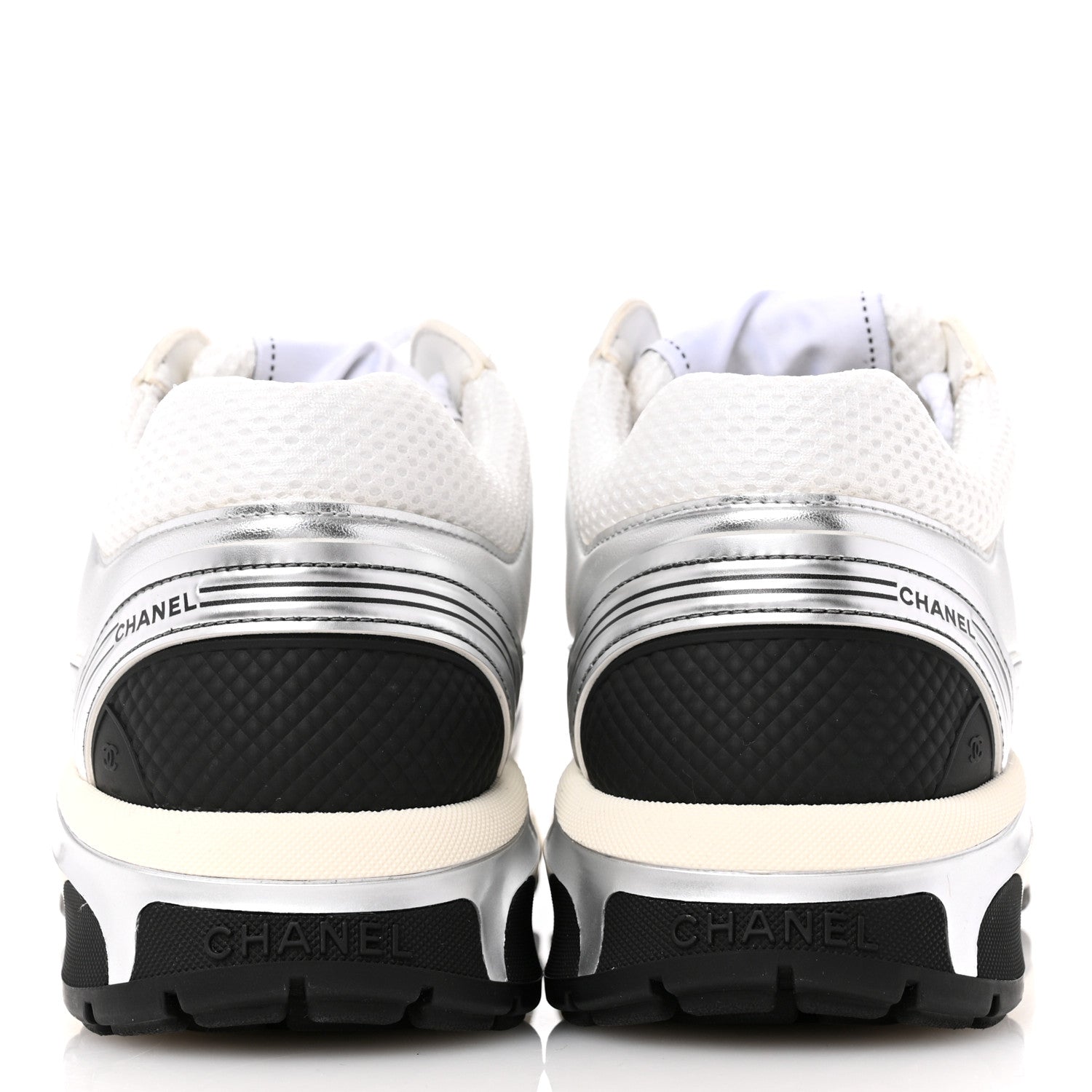 Chanel Fabric Laminated Calfskin Stretch CC Womens Sneakers 37 White Silver 6 of 10