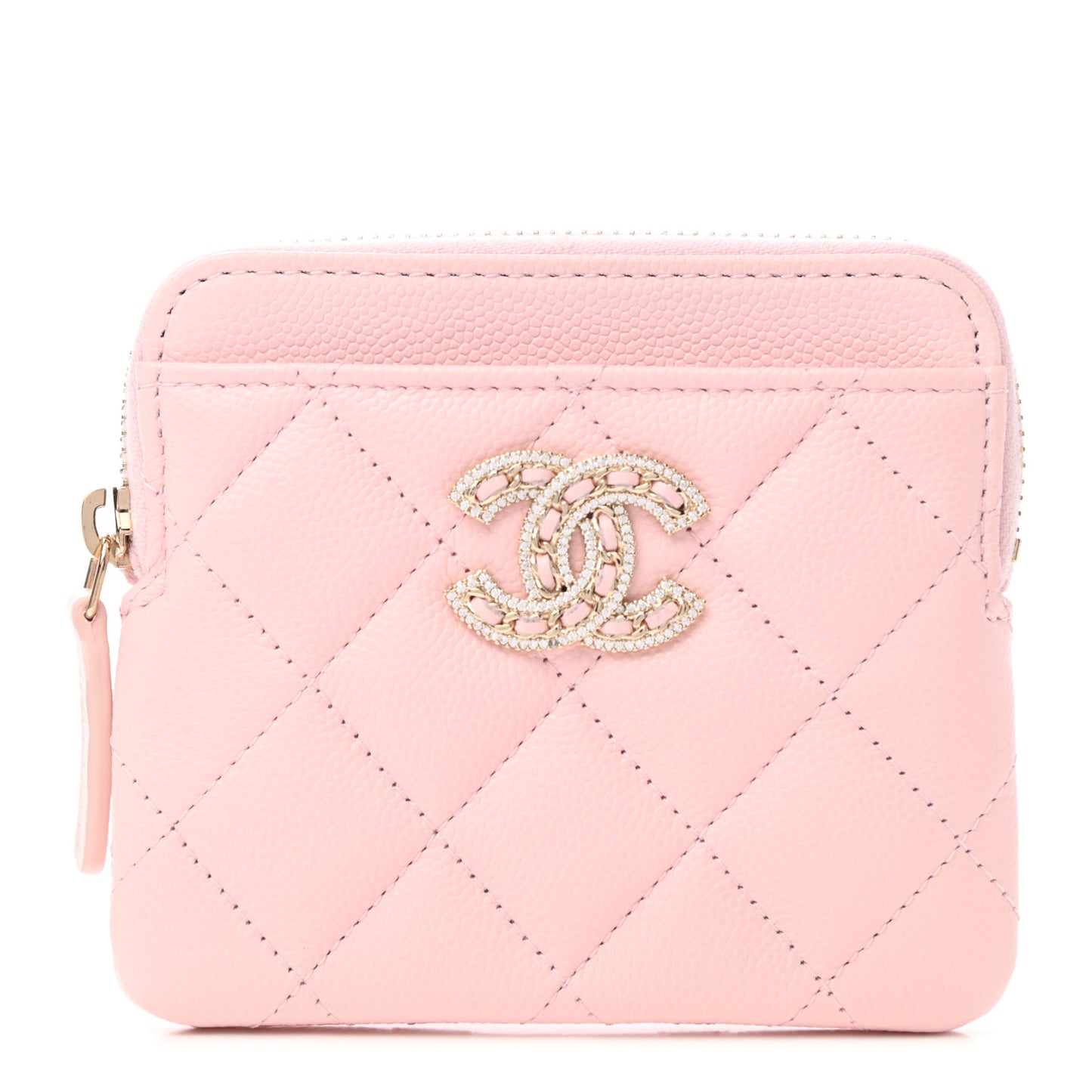 Caviar Quilted Crystal Zip Card Holder Wallet Light Pink