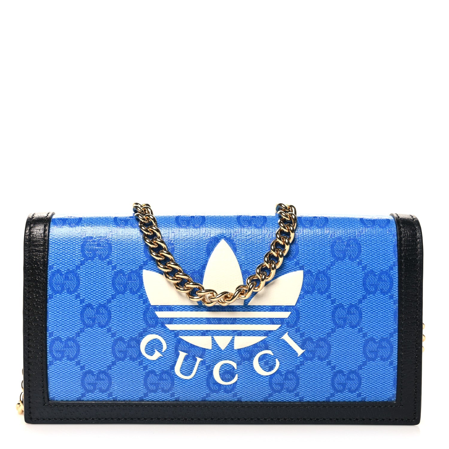 Gucci X ADIDAS Monogram Textured Dollar Calfskin Trefoil Embossed Wallet On Chain Blue 1 of 11
