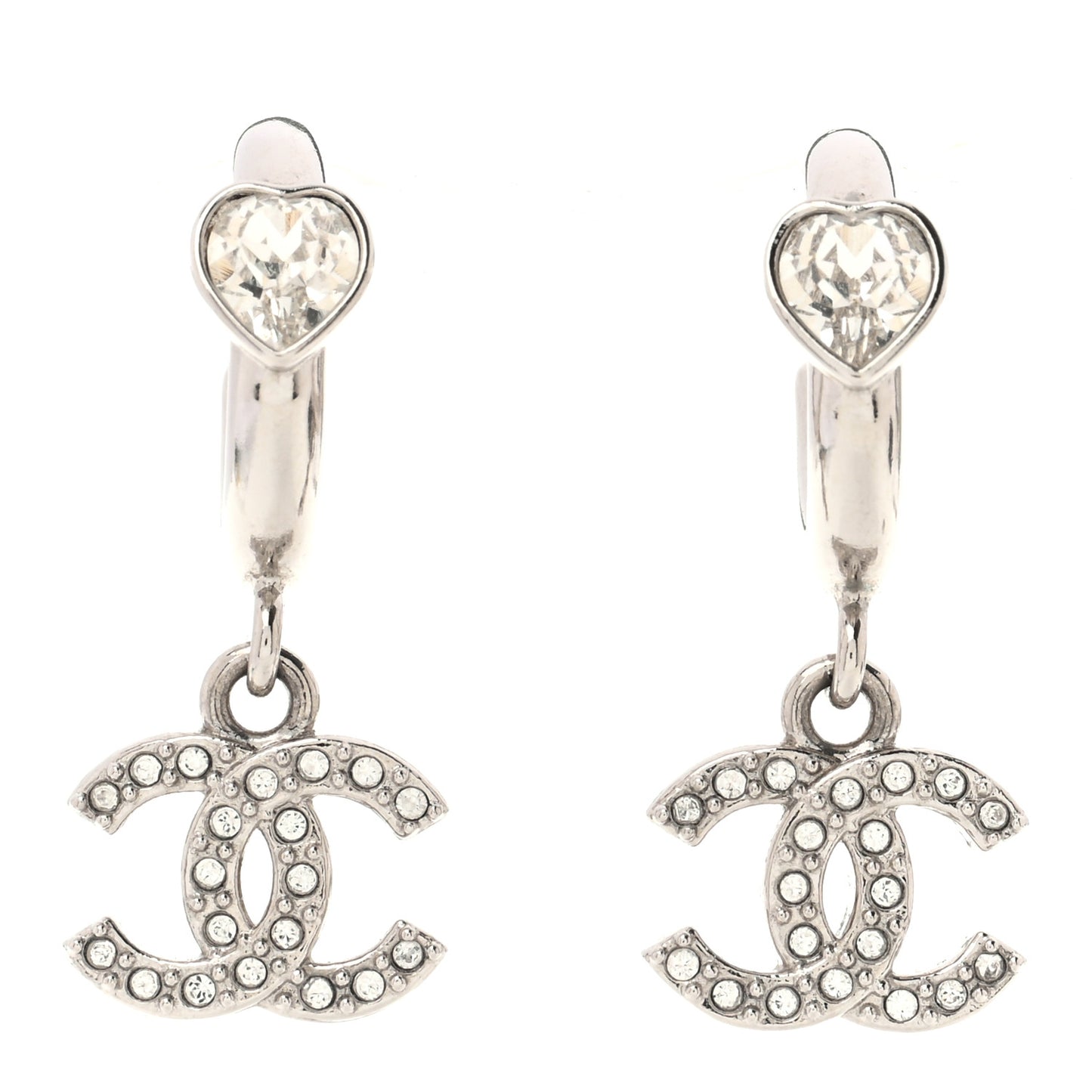 Crystal CC Heart Drop Hoop Earrings Silver
