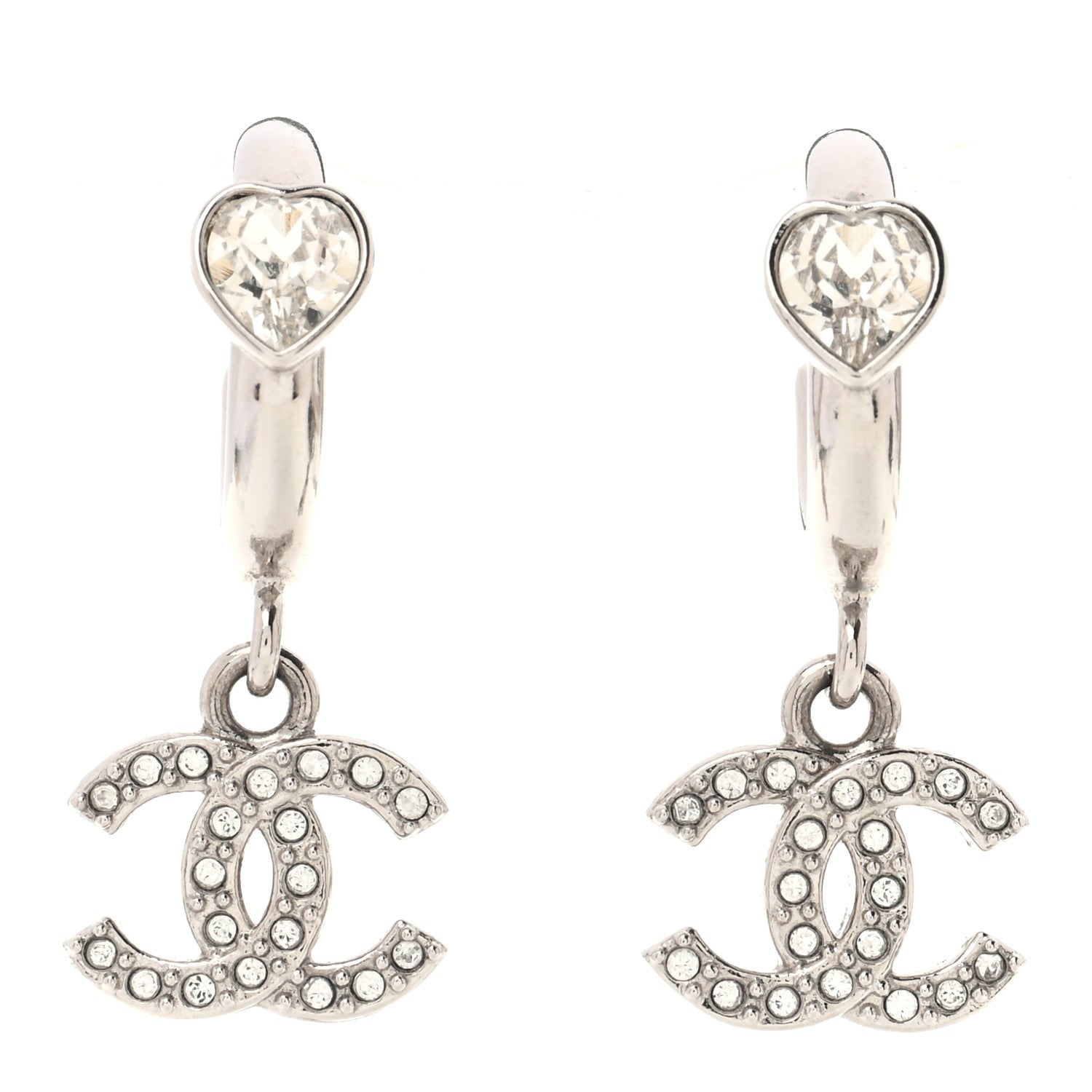 Chanel Crystal CC Heart Drop Hoop Earrings Silver 1 of 5